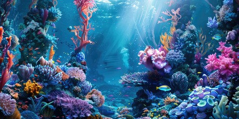 Fototapeta na wymiar Colorful underwater scene with vibrant corals and swimming fish. Ideal for marine life concepts