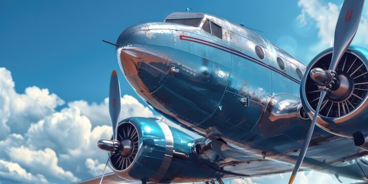 A silver airplane with two propellers is flying in the sky. Concept of freedom and adventure, as the airplane soars through the clouds. The blue color of the plane adds a sense of calmness