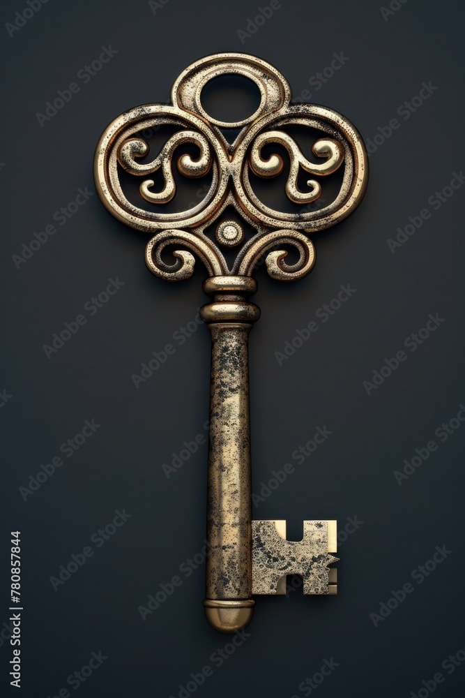 Poster A shiny golden key against a dark black background. Suitable for security or access concepts