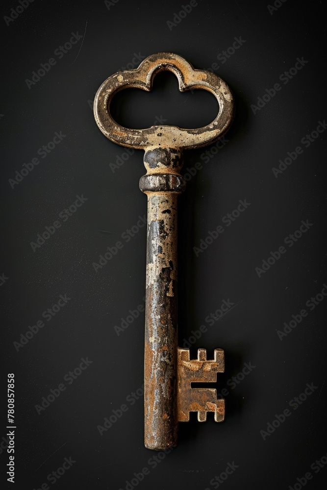 Poster an old rusty key with a heart shaped handle, suitable for various romantic themes