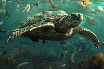 A turtle swimming in an ocean filled with garbage. Suitable for environmental issues awareness campaigns