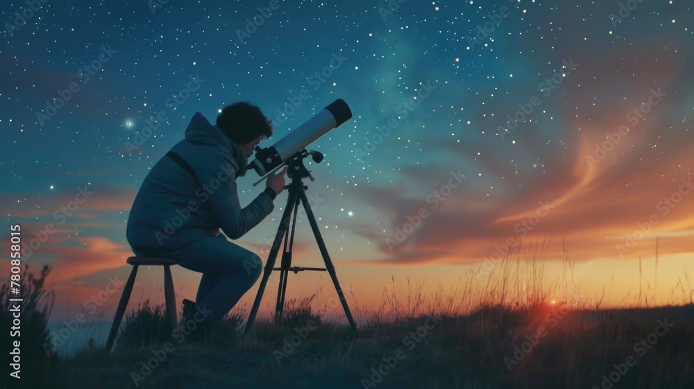 Poster man sitting on chair using telescope to look at stars. suitable for astronomy enthusiasts