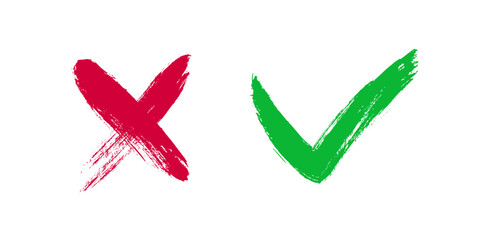 Tick and Cross sign elements. vector buttons for vote, election choice, check marks, approval signs design. Red X and green OK symbol icons check boxes. Check list marks, choice options, survey signs.