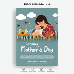 Happy Mothers day print flyer or poster template with mom hugging her child, son,daughter leaflet brochure cover with flower background Illustration design