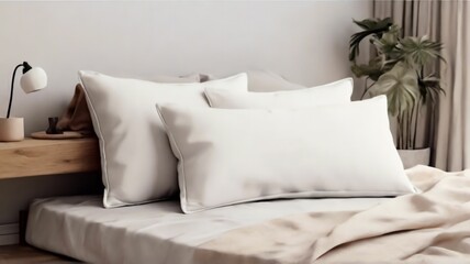 Bed maid-up with clean white pillows and bed sheets in beauty room. Close-up. Lens flair in sunlight.Ai Generative
