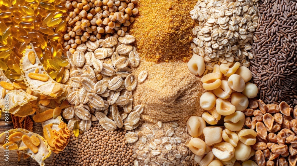 Poster various nuts and seeds displayed on a table, suitable for food and nutrition concepts