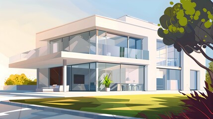 Illustration of a modern white villa with large windows