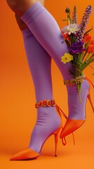 Women legs, pink purple socks and high heels, flowers growing out, colorful bracelets on heels. beauty shot against a solid orange purple background,  illustration made with Generative Ai