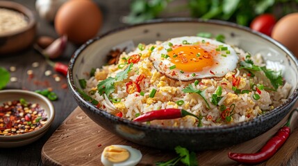 Vietnamese dish - fried rice with egg, spices, some herbs.