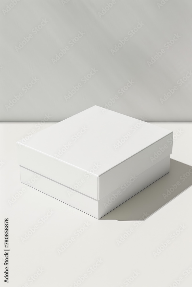Poster a white box sitting on top of a table. suitable for various concepts