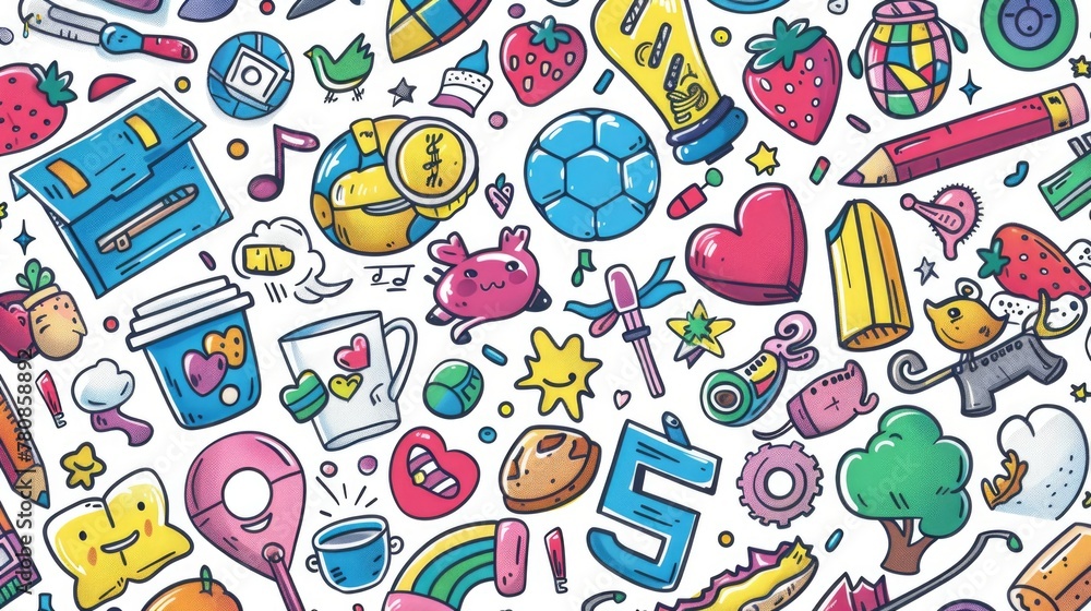 Poster Various colored items on a clean white surface, versatile for multiple projects