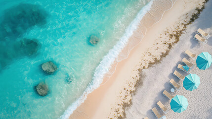 Fototapeta na wymiar Aerial View of a Pristine Tropical Beach with Sunshades and Turquoise Sea