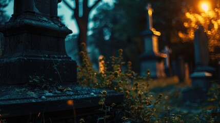 A spooky cemetery at night with sunlight filtering through the trees. Suitable for Halloween themes