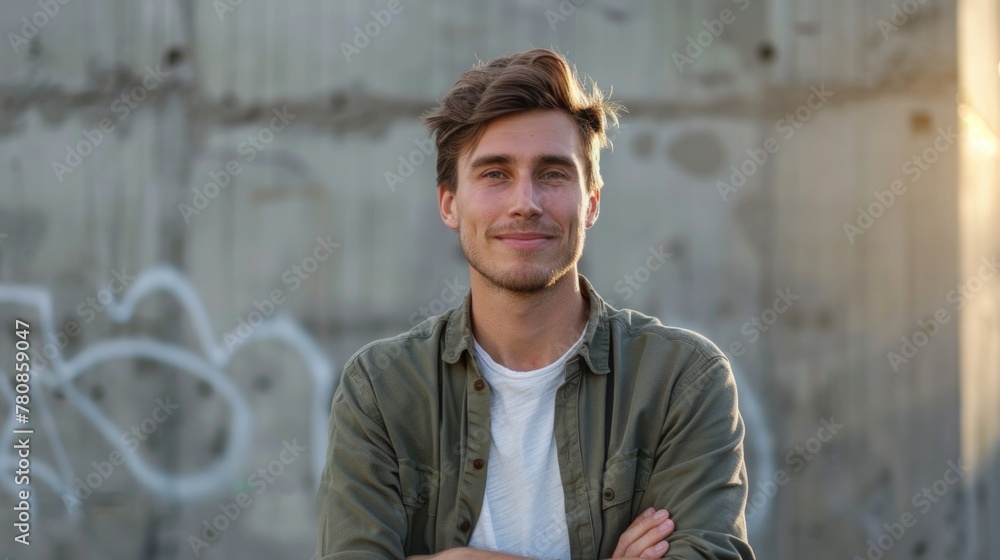 Poster a man standing with his arms crossed in front of a wall. suitable for business and professional conc
