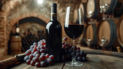 A bottle of red wine and a glass of wine stand on an old table, against the backdrop of oak...