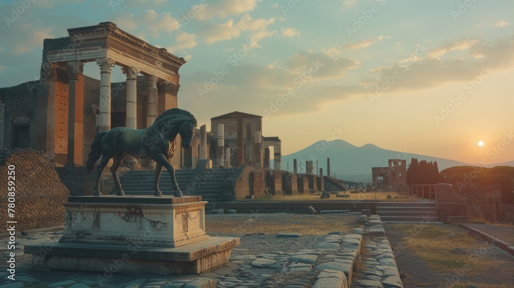 Poster statue of a horse in front of a building. ideal for architectural and historical concepts