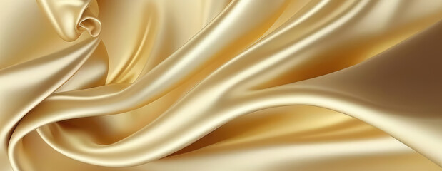 Beautiful Glistening Fabric Banner with Wrinkles and Folds. Gold, Smooth Surface Background. Generative AI.