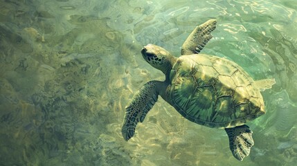 watercolor illustration, vintage style, World Turtle Day, big turtle, top view, copy space, free place for text