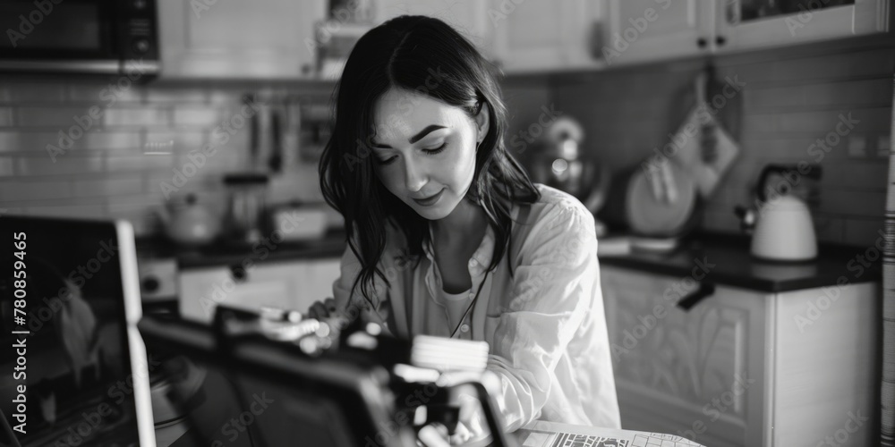 Poster a woman sitting in front of a laptop computer. suitable for business or technology concepts