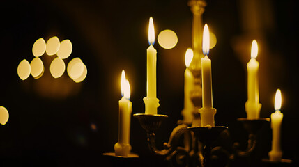 candelabrum with candles on dark background. 