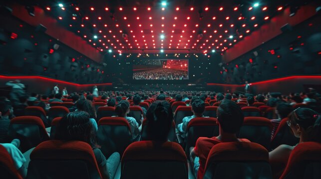 A group of people seated in red theater seats. Ideal for entertainment and leisure concepts