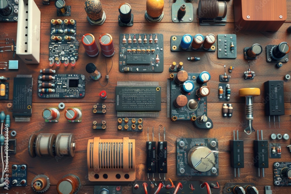 Poster various electronic devices on a rustic wooden surface. suitable for tech blogs or product showcases