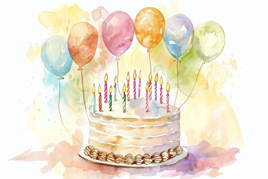 Watercolor birthday cake with candles and balloons clipart, white background Generative AI