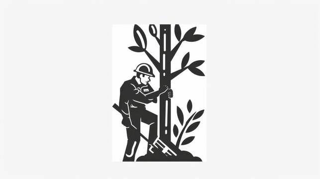 A bold black and white graphic showing a worker trimming a tree, depicting the concept of environmental care or forestry