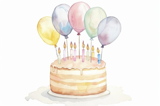 Watercolor birthday cake with balloons and candles clip art, white background Generative AI