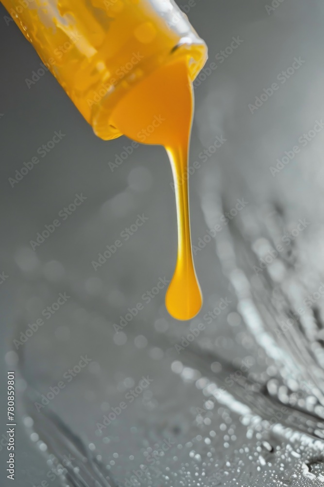Poster a drop of liquid falling from a bottle onto a dandelion. suitable for nature and beauty concepts