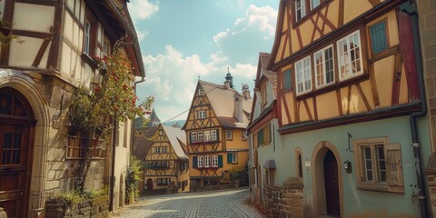 Cobblestone street in a picturesque European village. Ideal for travel brochures or historical articles