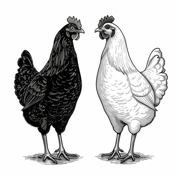 Two pet birds one black, one white. The chickens are drawn on a white background. Illustration for cover, card, postcard, interior design, banner, poster, brochure or presentation.