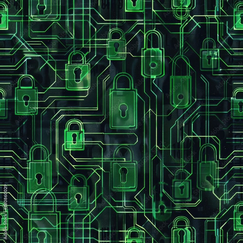 Poster a green circuit board with padlocks, perfect for technology security concepts