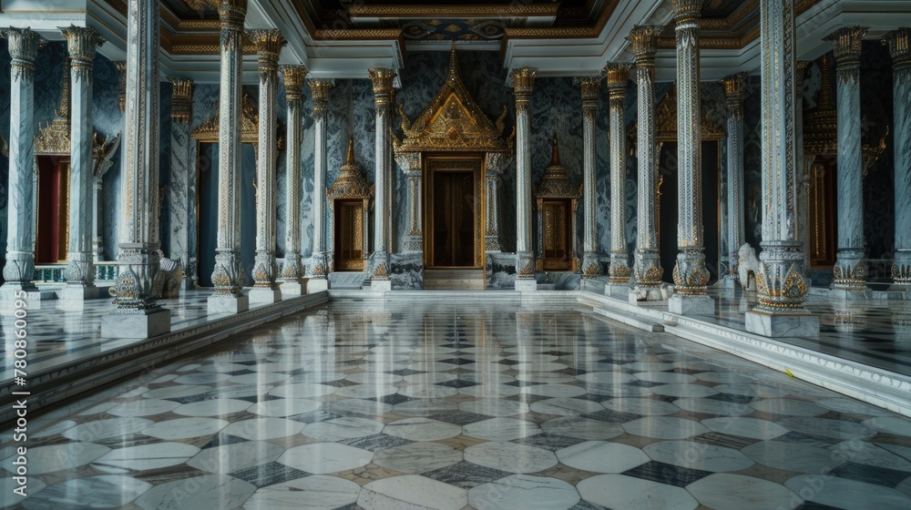 Poster a large room with marble floors and columns. suitable for luxury interior design projects
