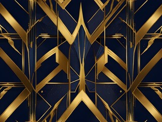 An art deco inspired geometric pattern with gold accents on a navy background, generative AI