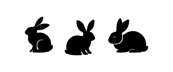 Silhouettes of easter bunnies isolated on a white background. Set of different rabbits silhouettes for design use.