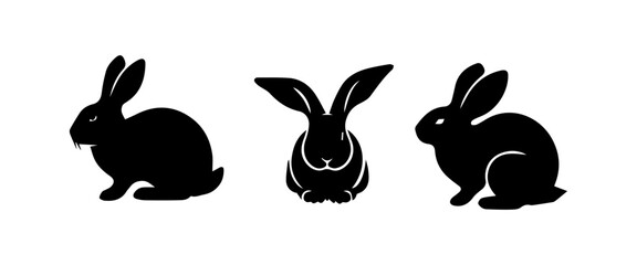 Silhouettes of easter bunnies isolated on a white background. Set of different rabbits silhouettes for design use.