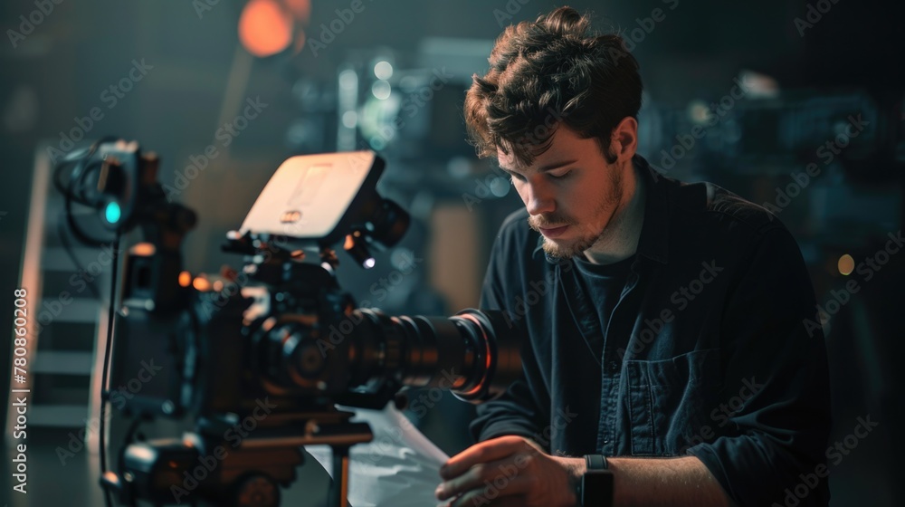 Poster A man sitting at a table with a camera, suitable for photography concepts