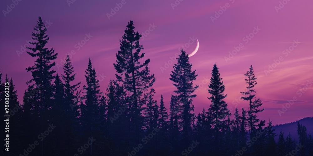 Poster a beautiful purple sky with a crescent moon in the middle. suitable for various design projects