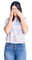 Young beautiful girl wearing casual t shirt rubbing eyes for fatigue and headache, sleepy and tired...