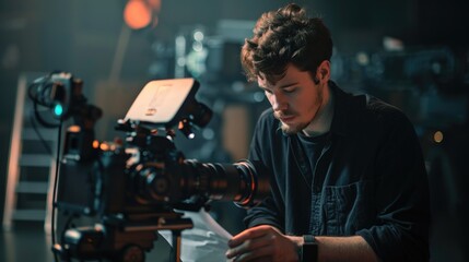 A man sitting at a table with a camera, suitable for photography concepts