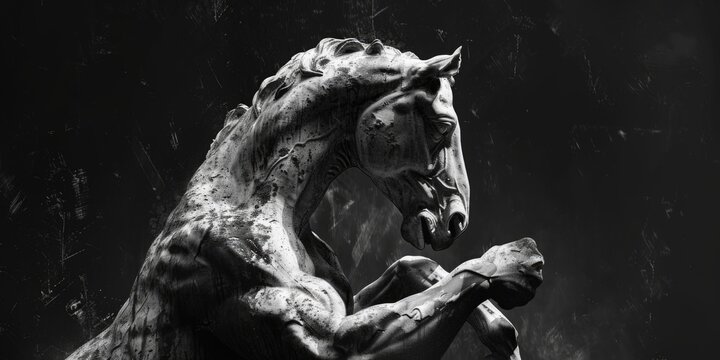 Black and white photo of a horse statue, suitable for various design projects