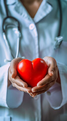 Hands of doctor holding red heart. Cardiology and health day concept. Patient support and health insurance. Cardiac disease or heart failure concept image. Vertical Banner