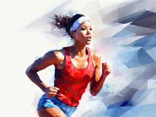 Obraz premium Running female athlete in sportswear. Energetic young woman. Marathon runner. Sport. Acrylic painting background made with paint strokes. Illustration for cover, card, interior design, brochure, etc.