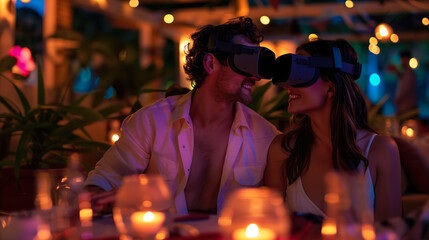 Couple in love wearing virtual reality glasses on a date in a restaurant. Technology and innovation concept. VR and Digital closeness. Romantic virtual world.