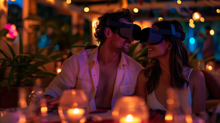 Couple in love wearing virtual reality glasses on a date in a restaurant. Technology and innovation concept. VR and Digital closeness. Romantic virtual world.