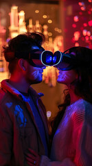 Couple in love wearing virtual reality glasses on a date in a restaurant. Technology and innovation concept. VR and Digital closeness. Romantic virtual world.