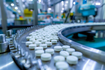 Manufacturing tablets and capsules. Close-up Shot of Medical Drug Production Line. Pharmacy concept.