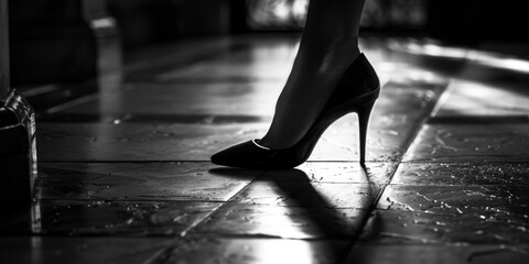 Stylish black and white photo of woman's shoes. Perfect for fashion blogs and magazines
