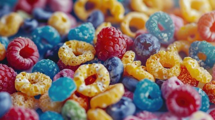 A close up of a bowl of cereal with fresh raspberries and blueberries. Ideal for breakfast concept designs - Powered by Adobe